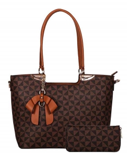 2 In1 Fashion Ribbon Checkered Tote Bag with Matching Wallet 007-8567W BROWN